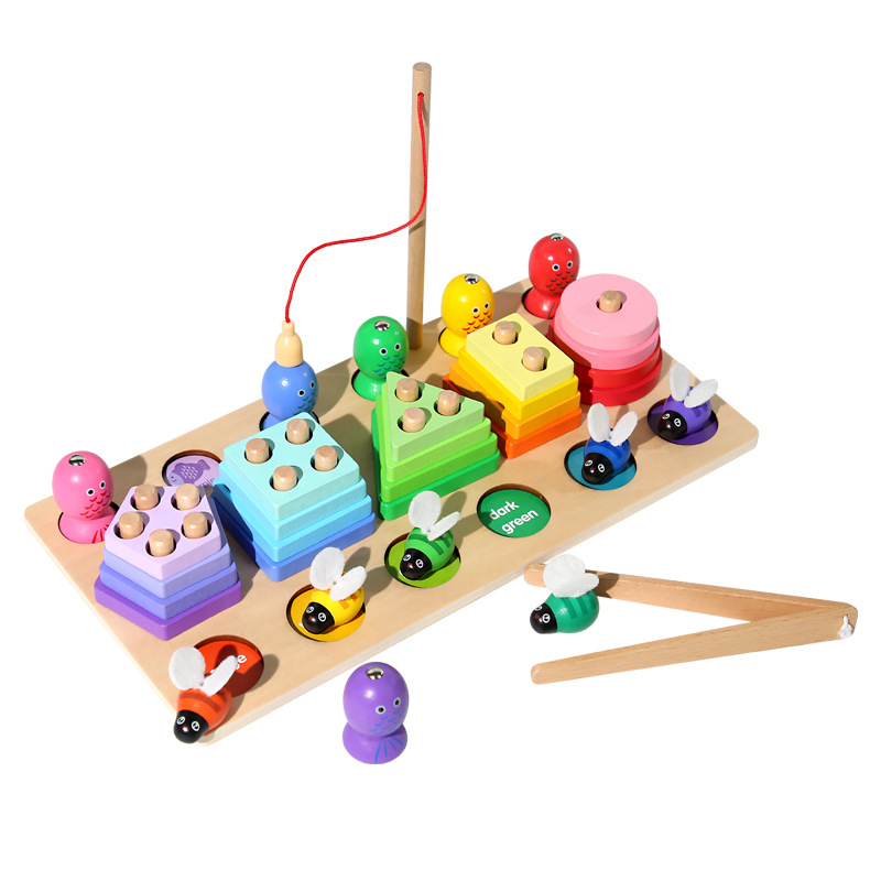 Three-In-One Multi-Functional Fishing Pole Clip Bee Children's Early Education Educational Wooden Geometry Pole Game Toy With A Variety Of Geometric Pieces Creative Mosaic Mosaic Educational Toy Wooden Geometry Pieces Item Picture