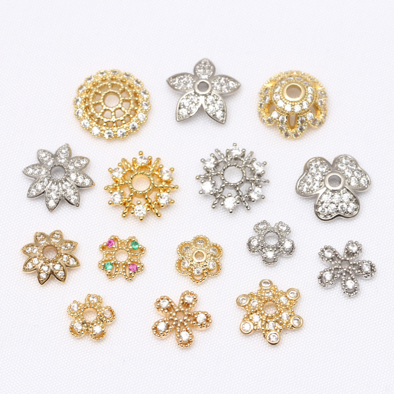 14K Gold-Covered Large Flower Pedestal Micro-Inlaid Zircon Diy Jewelry Accessories Septum Flower Cap Loose Beads Handmade Beading Materials