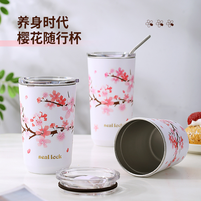 日系樱花图案随手杯 双饮口学生饮水杯高颜值牛奶水果茶水杯批发