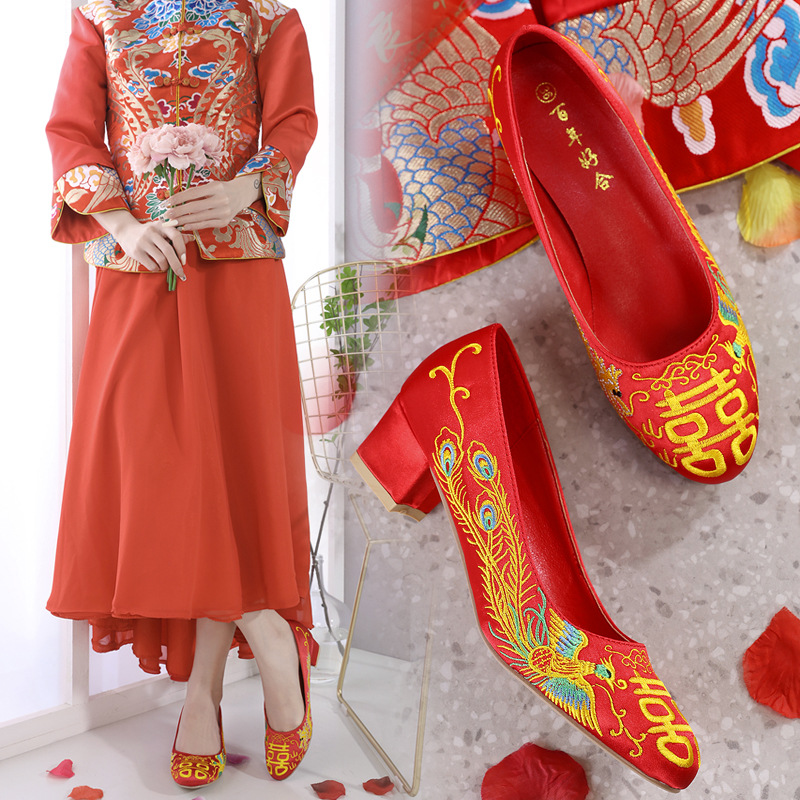 秀禾鞋结婚鞋子中式新娘鞋2023年新款红色婚礼高跟鞋粗跟绣花婚鞋国潮国潮