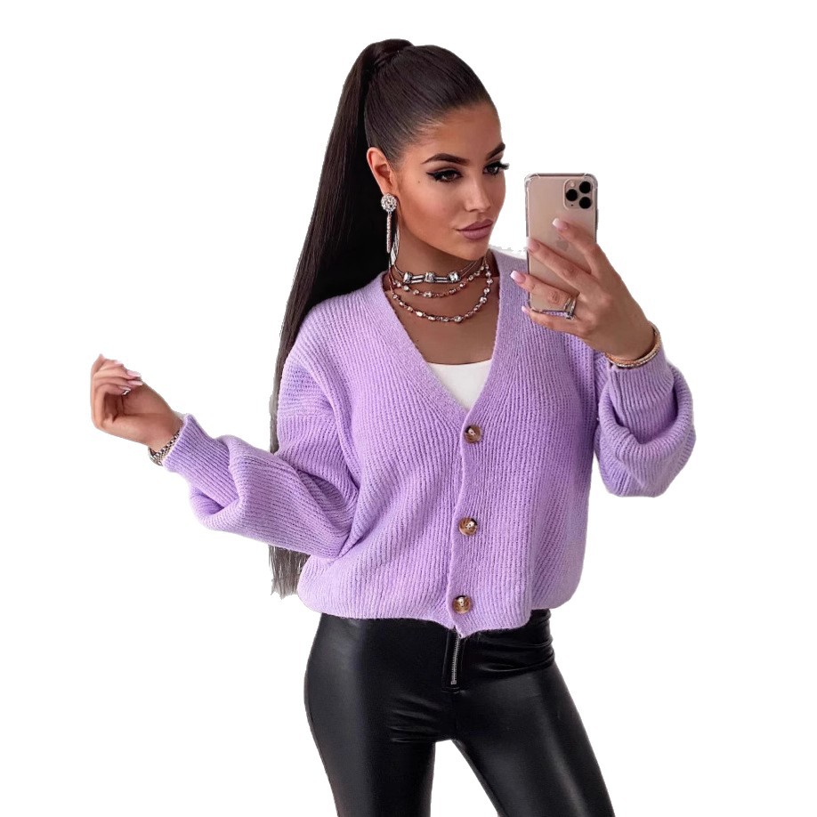 2025 Foreign Trade Autumn and Winter new V-neck short long-sleeved commuter knitted sweater, casual solid color single-breasted cardigan Item Picture