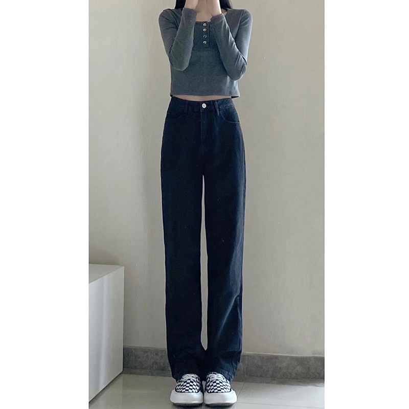 Black high-waisted straight-leg jeans for women's Spring and Autumn 2025 new style, highlighting a petite figure, drooping wide-leg floor-length pants details Picture