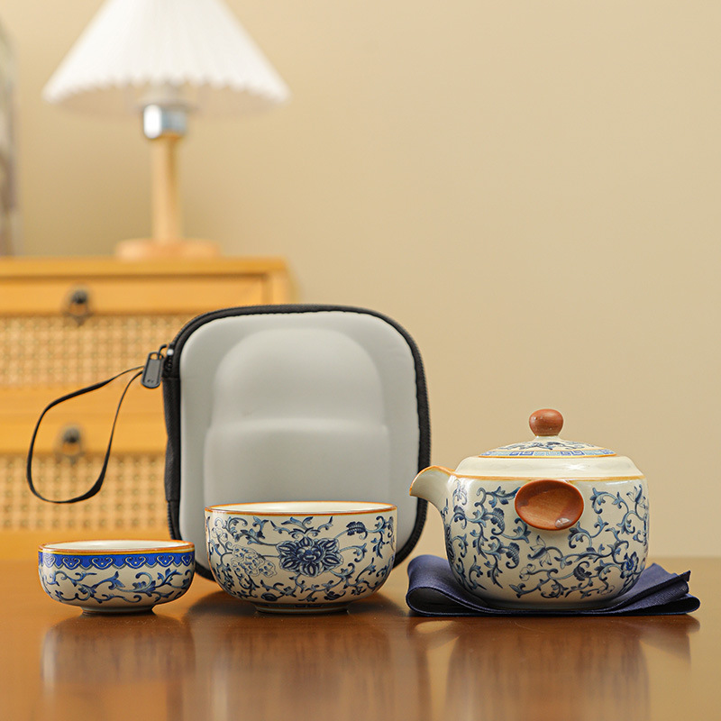 Ru Kiln Quick Guest Cup Portable bag, travel tea set, ceramic kung Fu tea set, one pot, three cups, souvenir gift, printed LOGO