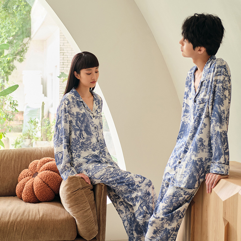 Couple ice silk pajamas, women's summer and autumn new style satin high-end look, can be worn outside men's home wear set wholesale Specification image