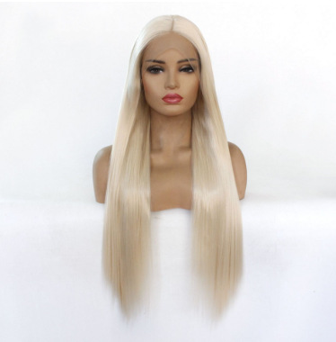 White wig with synthetic fiber front lace long straight hair, European and American lace long hair cover LW0290