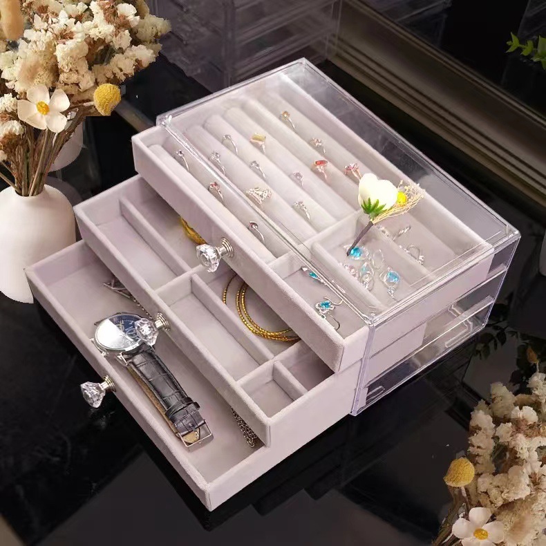 Three-layer flannelette jewelry storage box Earrings storage box jewelry dust-proof multi-functional drawer type treasure box details Picture