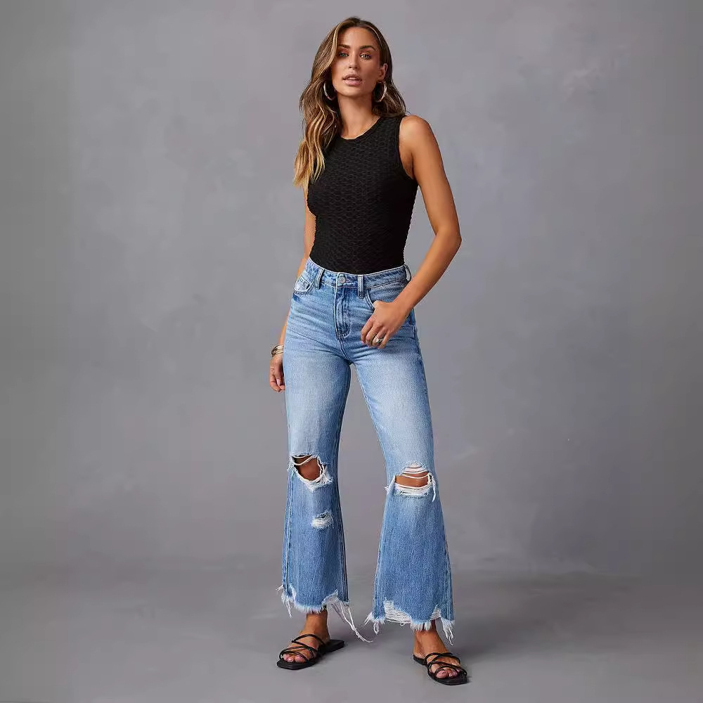 2025 Cross-border new wide-leg pants, fringed washed tie-dyed ripped high-waisted jeans, straight-leg casual trousers for women details Picture