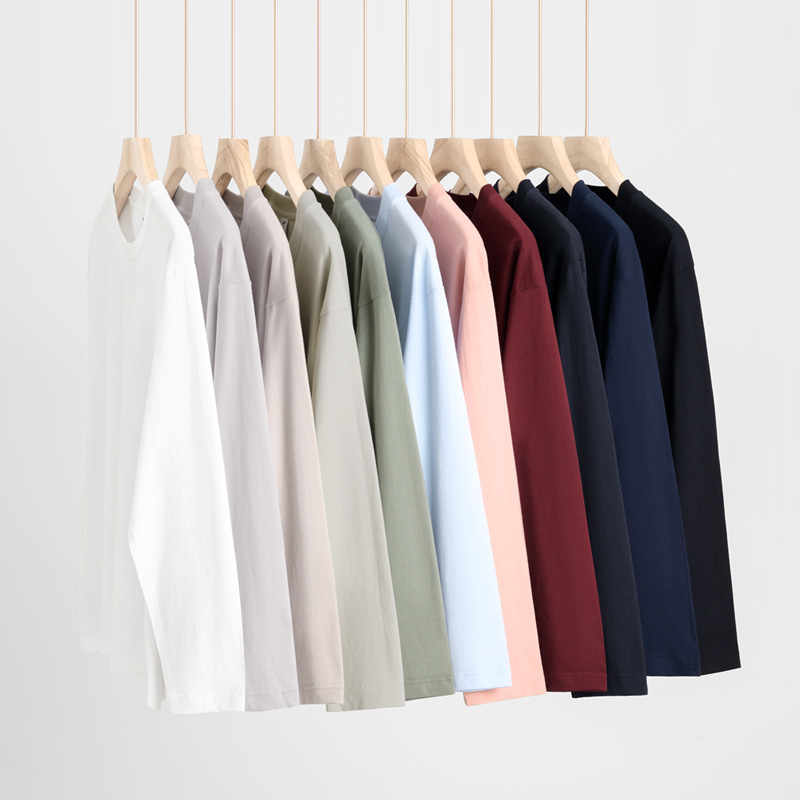 230g heavy-duty pure cotton white long-sleeved T-shirt for men's base layer, paired with solid-colored men's round-neck top for autumn and winter details Picture