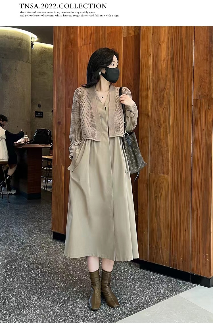 Early autumn long-sleeved dress for women 2022, high-end, elegant, slimming, stylish, versatile knitted shawl, fake two-piece set Application Scenario