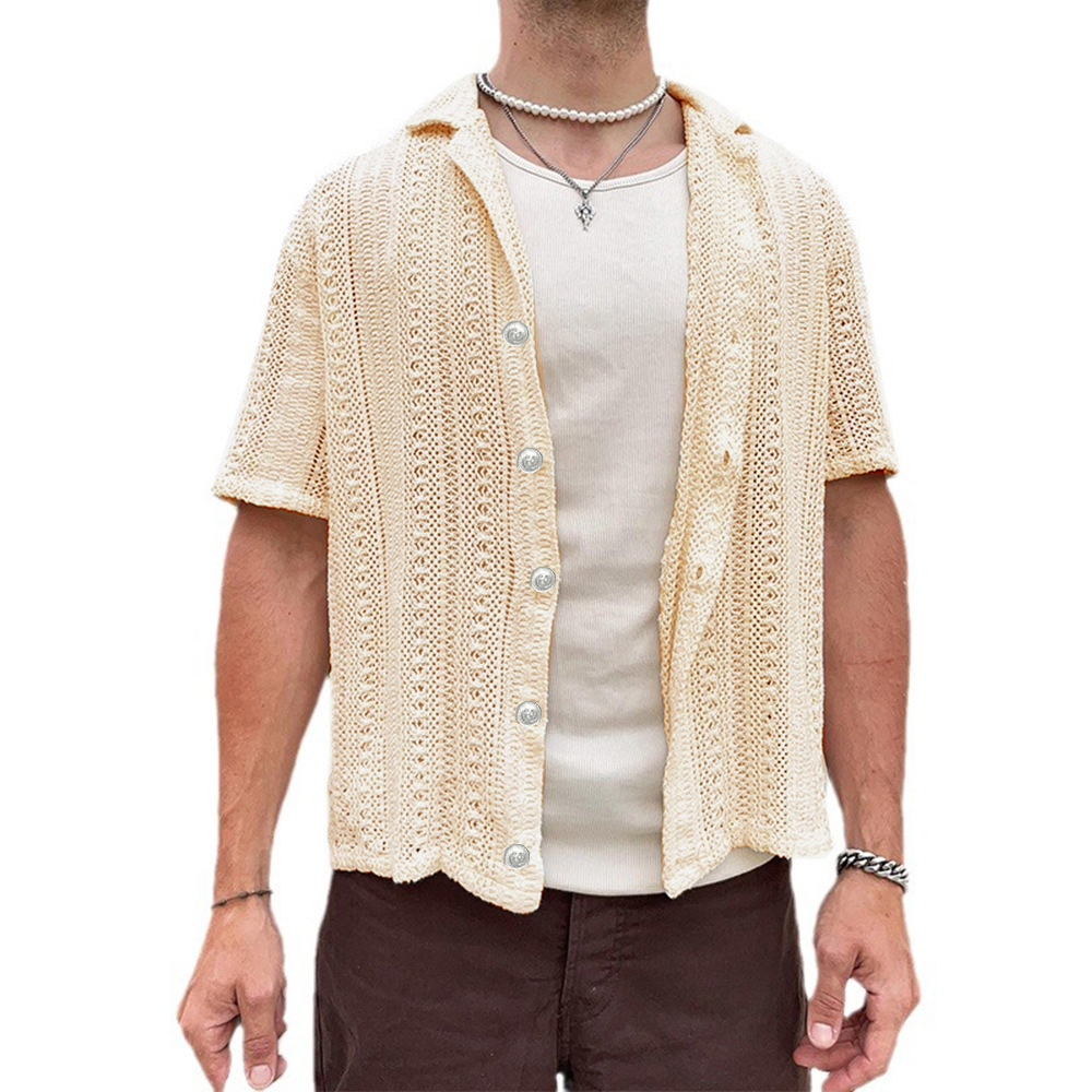 European and American fashion summer new men's casual knitted cardigan, white short-sleeved top, men's shirt, hollowed-out men's clothing Application Scenario