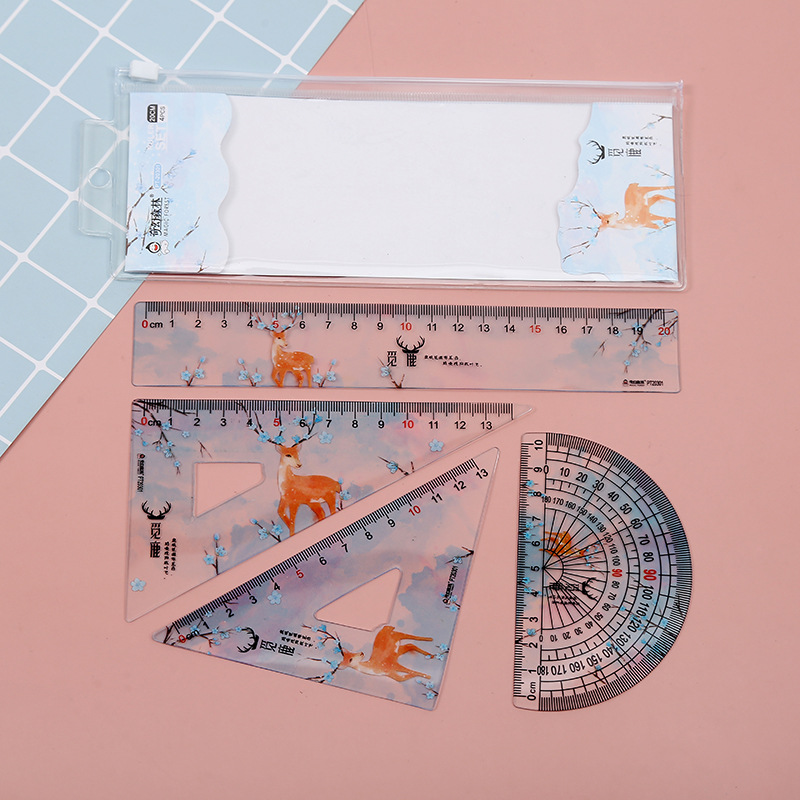 Cartoon student set of four pieces of simple transparent 20cm straight ruler student plastic learning stationery wholesale details Picture