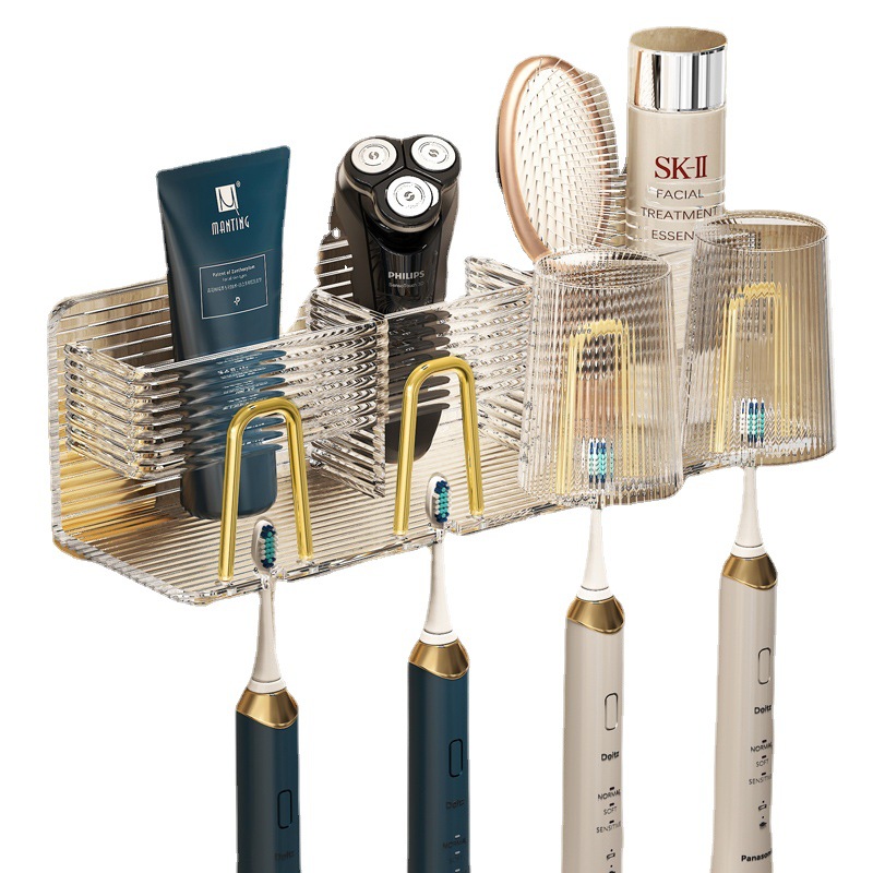 Transparent light luxury toothbrush rack, non-perforated acrylic bathroom mouthwash cup and tooth cup, wall-mounted storage box, electric Item Picture