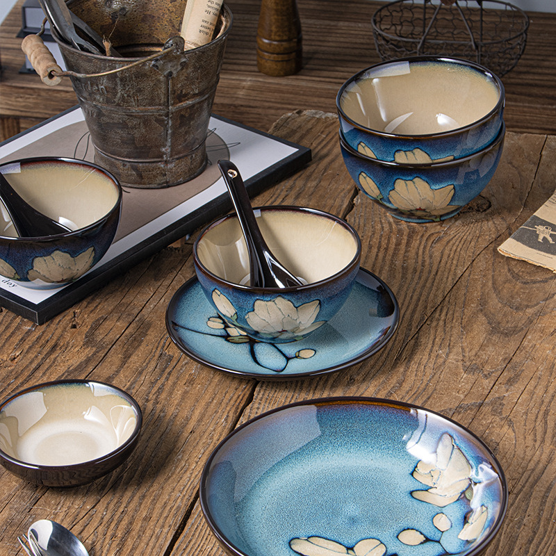 Japanese-style tableware, kiln transformation underglaze color magnolia flower hand-painted plate set, fish plate, household plate, rice bowl, creative noodle bowl Specification image