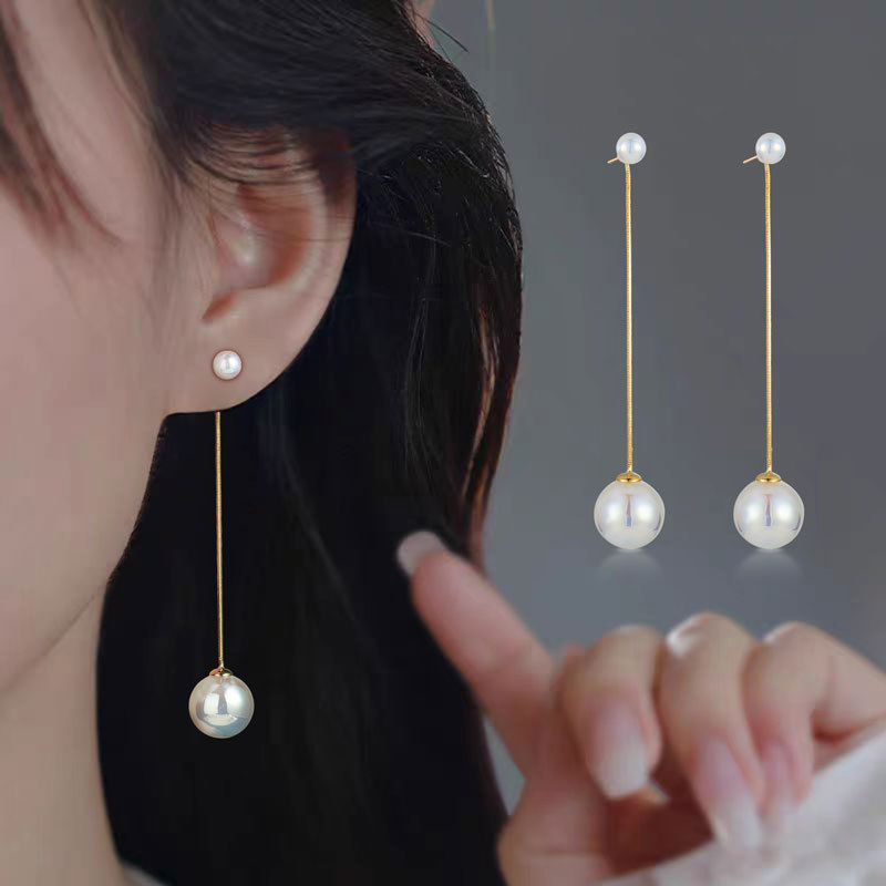 时尚轻奢人鱼姬长款耳坠修饰脸型大小珠流苏耳钉s925银针简约耳饰