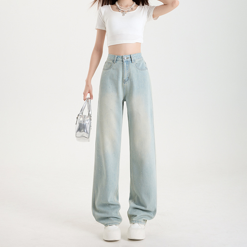 Light blue drape embossed diamond jeans for women, Spring/Summer 2025 new high-waisted loose slimming ice silk wide-leg floor-length pants Specification image