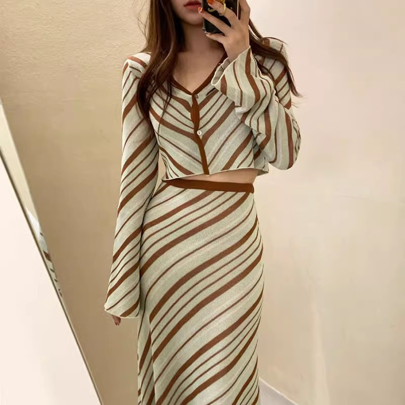 Korean chic gentle V-neck two-button slim short knitted sweater + high waist and hip striped skirt set for women details Picture
