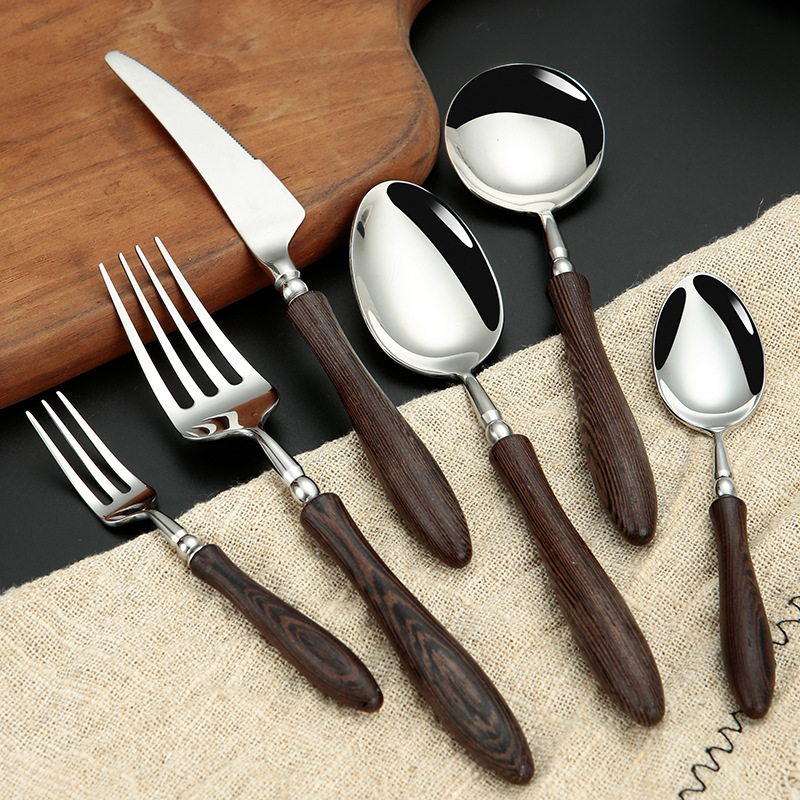 Simple and retro 304 chicken wing, wooden handle, stainless steel knife, fork and spoon Western tableware, ins style, high appearance level tableware gift set