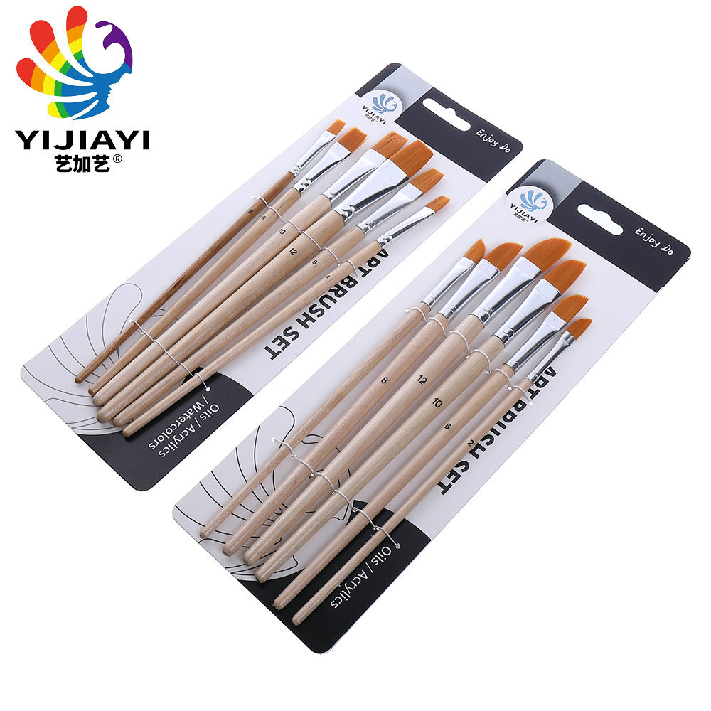 YIJIAYI 6-piece set of water-clear wooden pen barrel, aluminum tube and artificial fiber bristles oil painting brush. The head shape is available for selection Item Picture