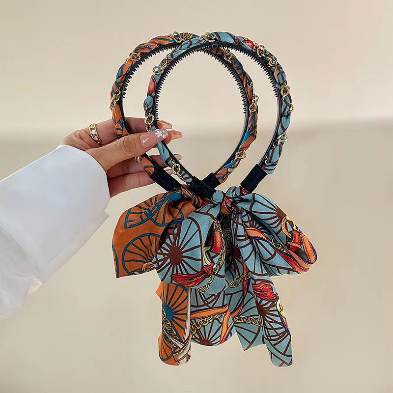 Retro chain ribbon headband, new satin fabric hair press headband, women's hair tie, a series of braided hair accessories details Picture