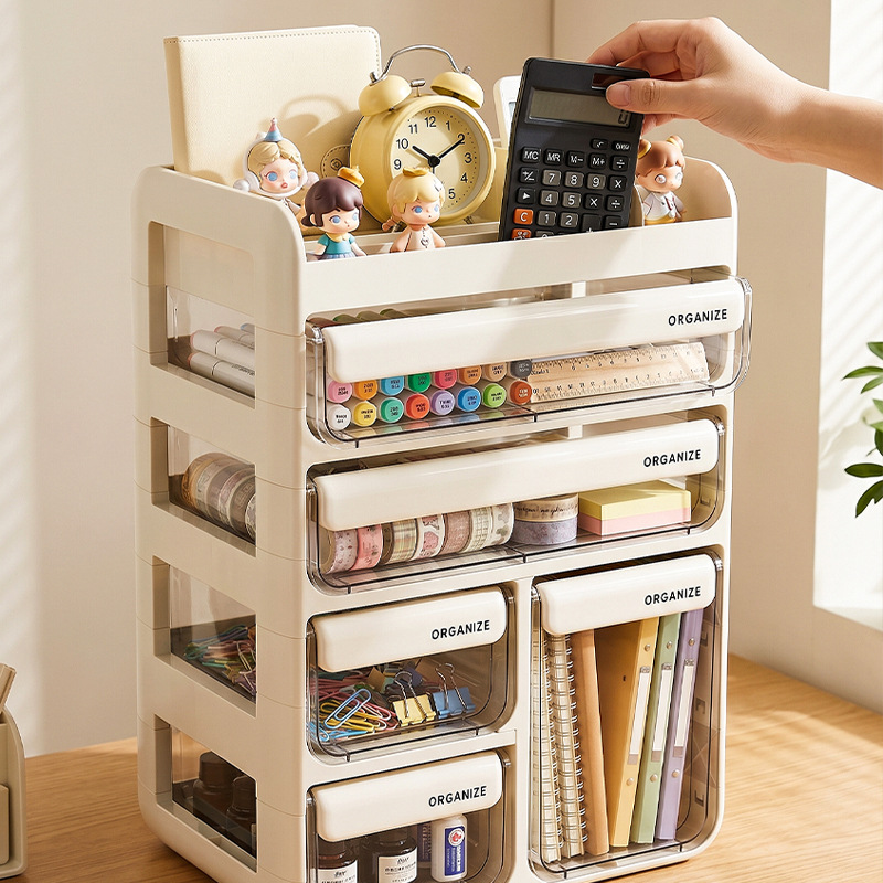 Student desktop multi-compartment drawer-type storage box, office workstation marker pen, planner stationery, large-capacity transparent storage Specification image