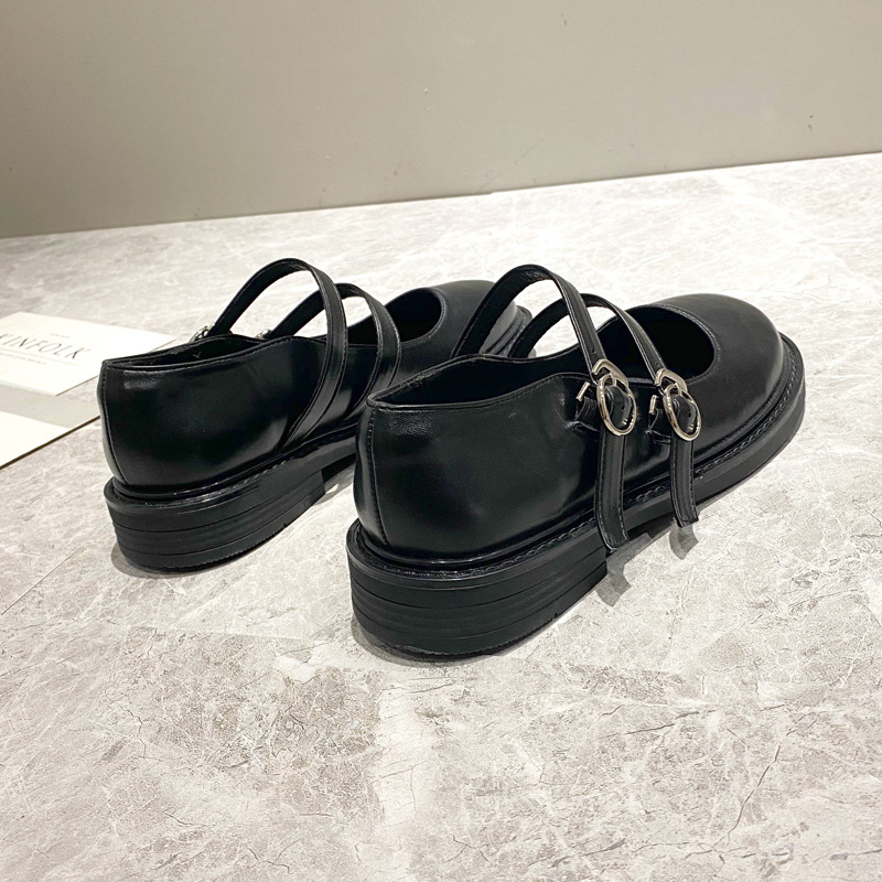 2023 New British-style Korean version double buckle Mary Jane Round toe Loafer flat single shoe for women, Japanese style jk soft girl shoes details Picture