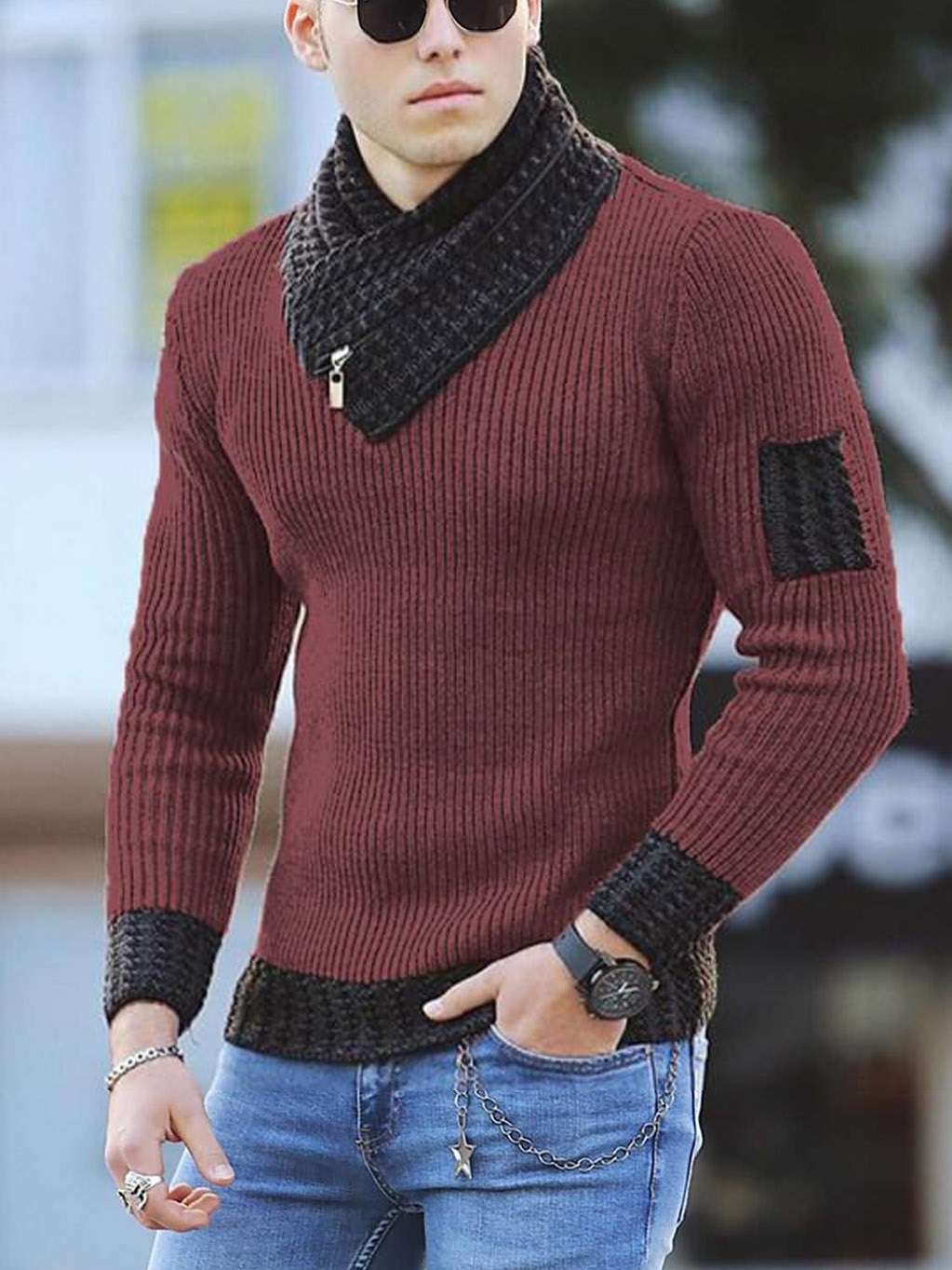 WISH Independent Store's new European and American men's casual and fitted knitted pullover, long-sleeved scarf collar sweater, men's wear Specification image