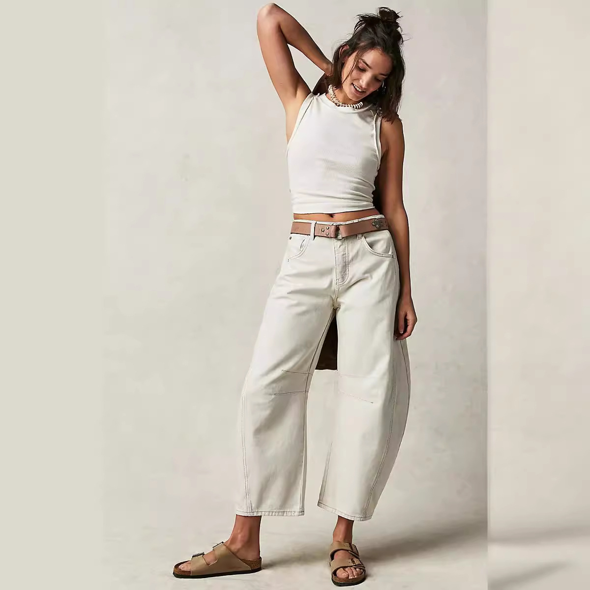 2024 New cross-border European and American fashion casual women's loose wide-leg pants, mid-low waist washed denim trousers details Picture