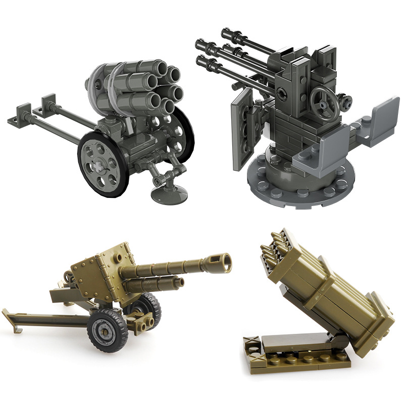 Foreign trade assembly building blocks, soldiers, third-party minifigure accessories, weapons, howitzers, rocket launchers, anti-aircraft guns, military toys Specification image