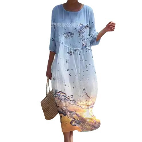 Summer 2024 Cross-border Amazon European and American women's round-neck long printed casual and fashionable women's dresses Item Picture