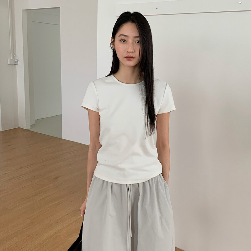 TG Basic shoulder-length slimming elastic cotton-like T-shirt for women 2025 Autumn New Versatile short-sleeved top 25730