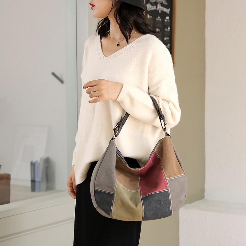新款复古拼接手提包时尚单肩包简约斜挎包大容量帆布包撞色女包