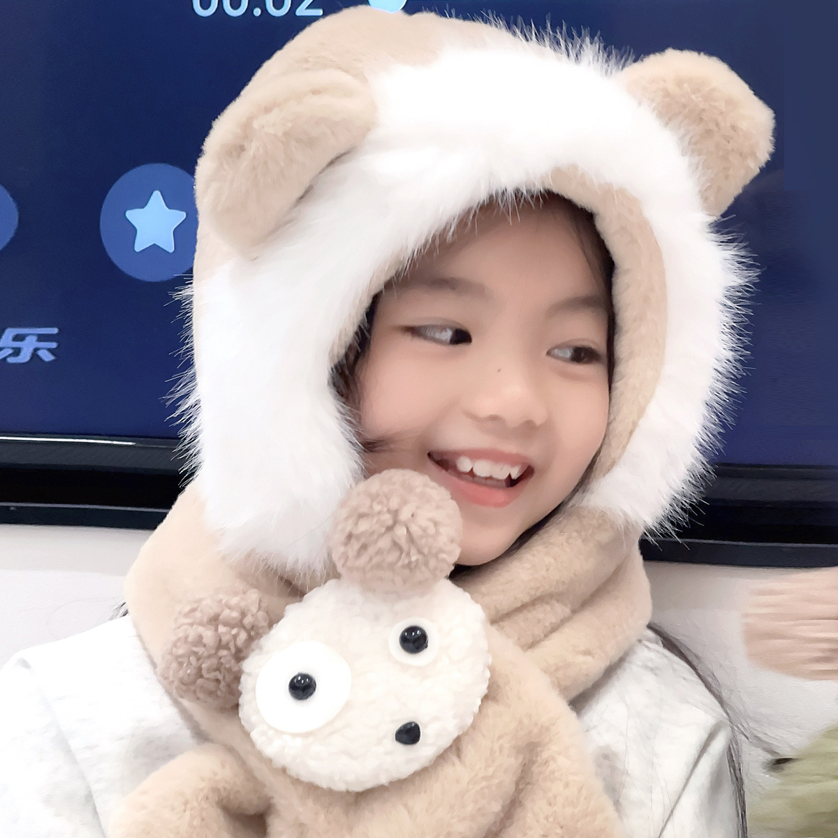 2024 Autumn and Winter Hat, Scarf, Children's cartoon doll, scarf, hat, all-in-one fleece hat for cold and wind protection Specification image