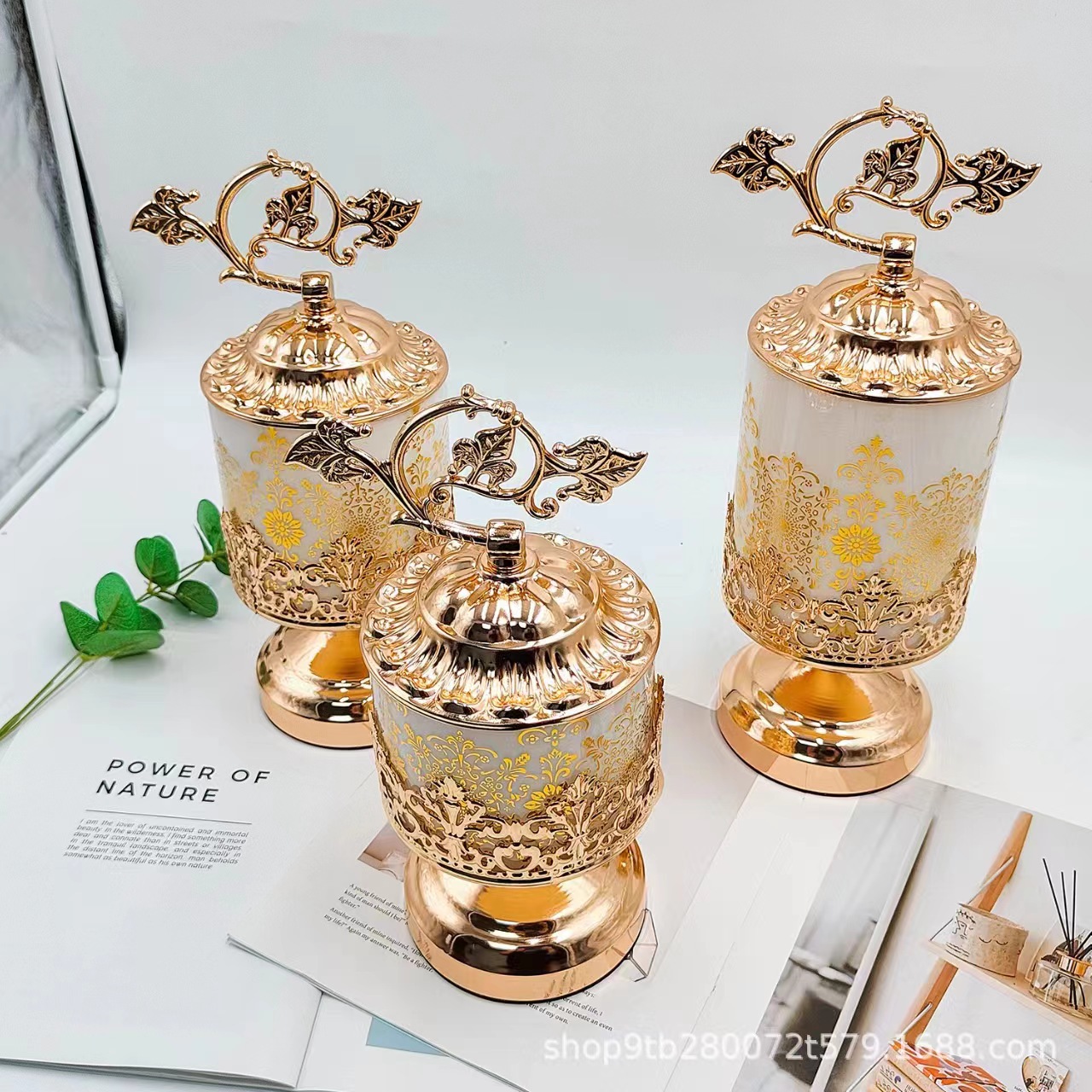 Gold Plated White Glass Storage Jar Printed Decoration Candy Jar Living Room Dry Fruit Storage Jar Three-Piece Swing Set details Picture