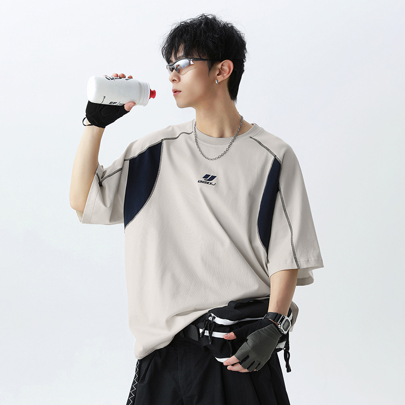 Retro embroidered pure cotton short-sleeved T-shirt for men, a new summer style with contrasting colors and bright thread patchwork design, an American trendy brand T-shirt