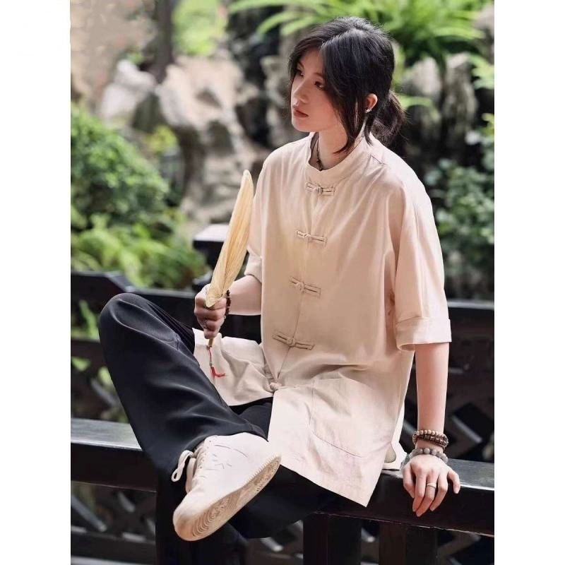 国潮夏季新中式男装中山装男女同款纯色中国风复古中袖立领衬衣男唐装