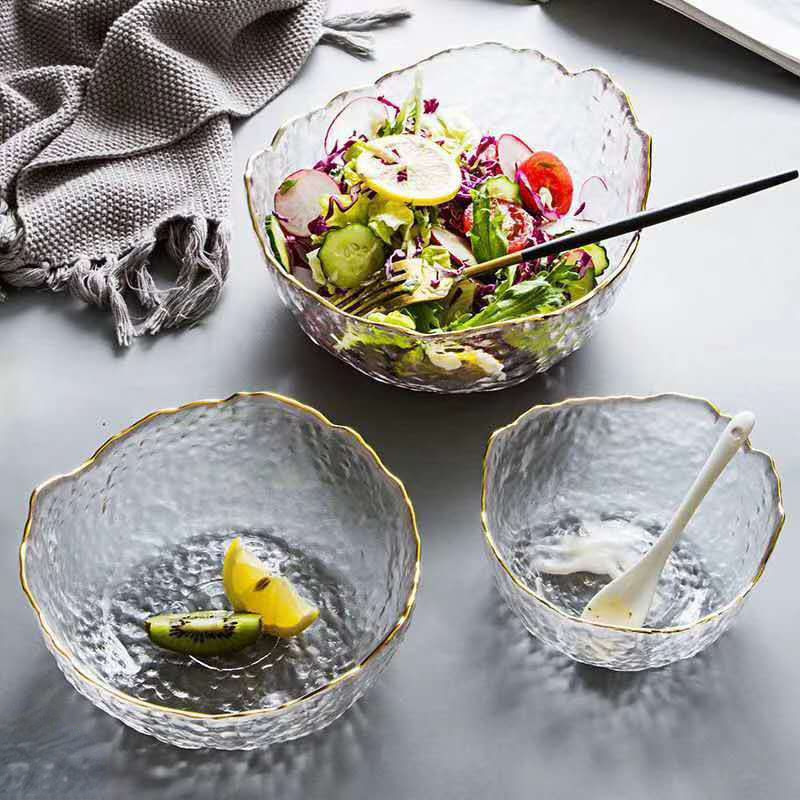 日式锤纹金边玻璃碗透明沙拉碗家用水果碗创意水果盘网红餐具套装图