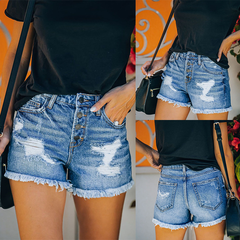 The 2025 European and American cross-border Spring/Summer new streetwear brand ripped wash versatile fringed women's denim shorts are in stock full figure