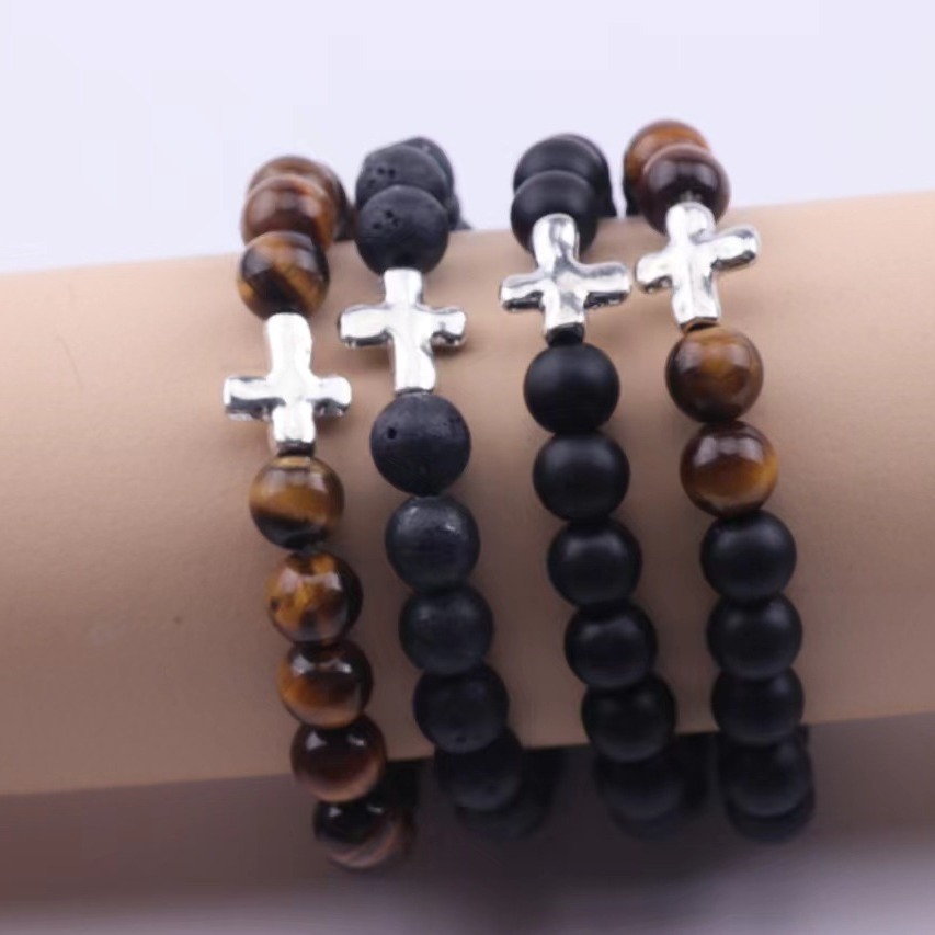 Europe And The United States Foreign Trade Hot Fashion High-Grade Natural Stone Volcanic Stone Tiger Eye Stone Men's Bracelet Personality Handmade Beaded Cross Hand String Couple Gift Manufacturers Wholesale Specification drawing