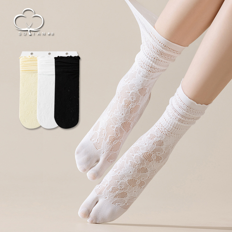分趾袜女夏季薄款拇指木屐袜镂空花朵袜子女士堆堆袜二指分指长袜
