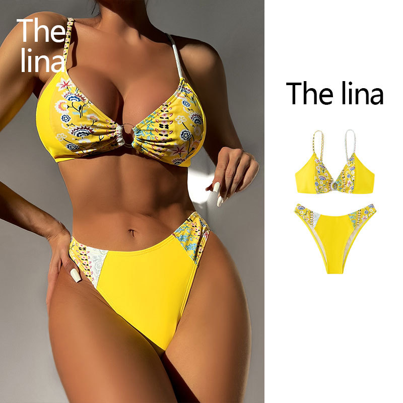 新款欧美印花高腰比基尼沙滩泳装性感女士三点式泳衣bikini