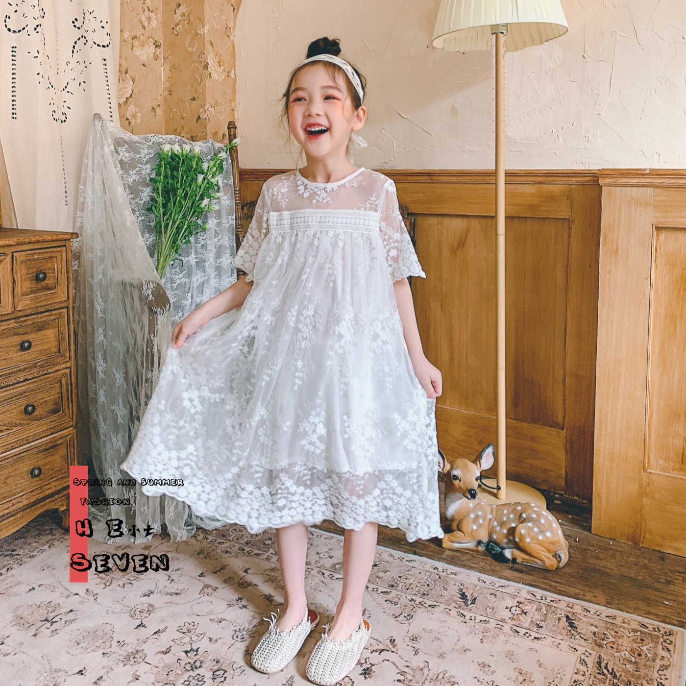 Girls' dresses children's skirts Children's spring and summer new lace cotton children's skirts Korean version of a hair Specification drawing