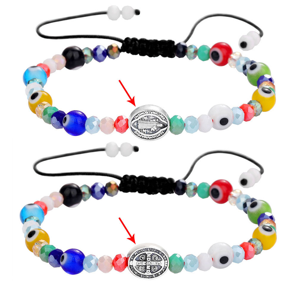 Europe And The United States Foreign Trade Hot Glass Evil Eyes Turkish Demon Eyes Crystal Beaded Bracelet Retro St. Benedict Religious Woven Bracelet Couple Gift String Manufacturers Wholesale Specification drawing