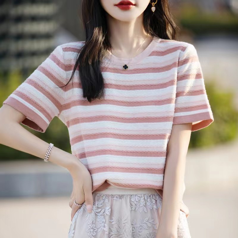 Summer women's tops, full-color knitted cotton and linen short-sleeved women's T-shirts, women's round-neck vests, striped contrasting colors, wholesale and consignment for foreign trade details Picture