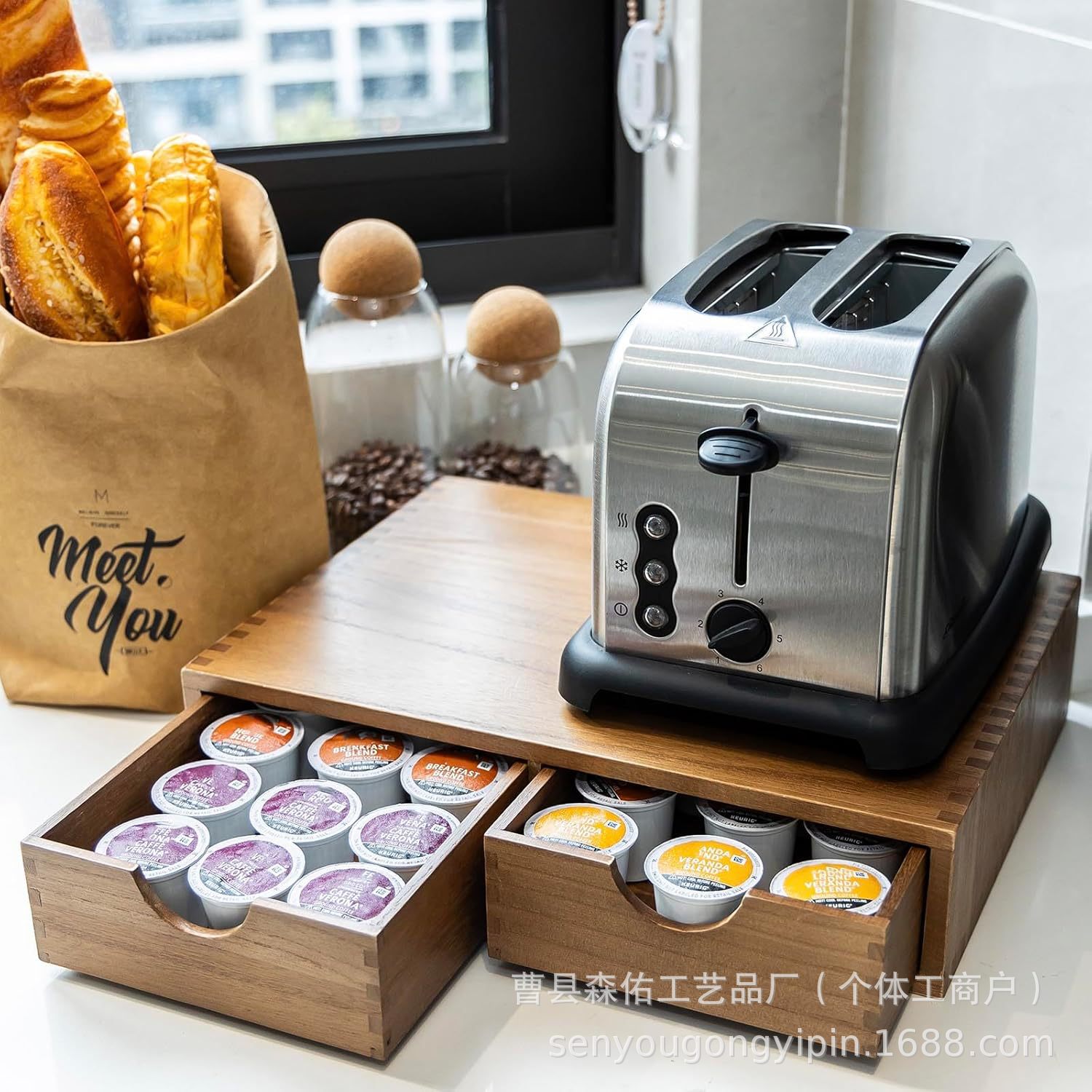 现货木制咖啡胶囊收纳盒茶包茶具收纳架分格带抽屉咖啡机支架工厂