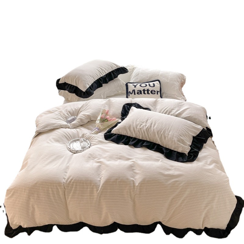 Simple Plain Color Ruffled Cotton 4-Piece Striped Black And White Lace Quilt Set Girl Heart Cotton Princess Style Bed Item Picture