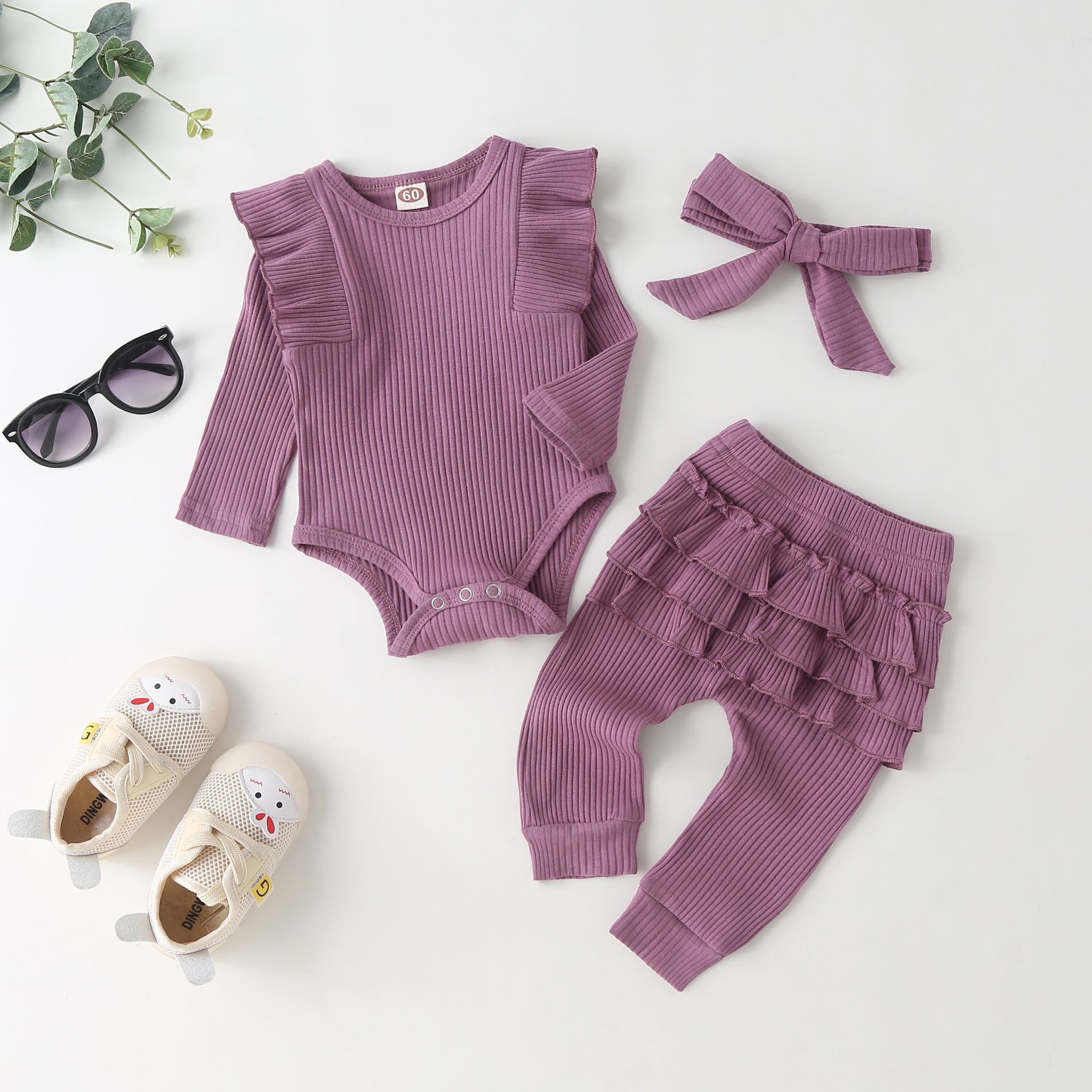 Wholesale of three-piece casual pink long-sleeved lace sleeved dress for girls in autumn 2022 with bow headwear details Picture