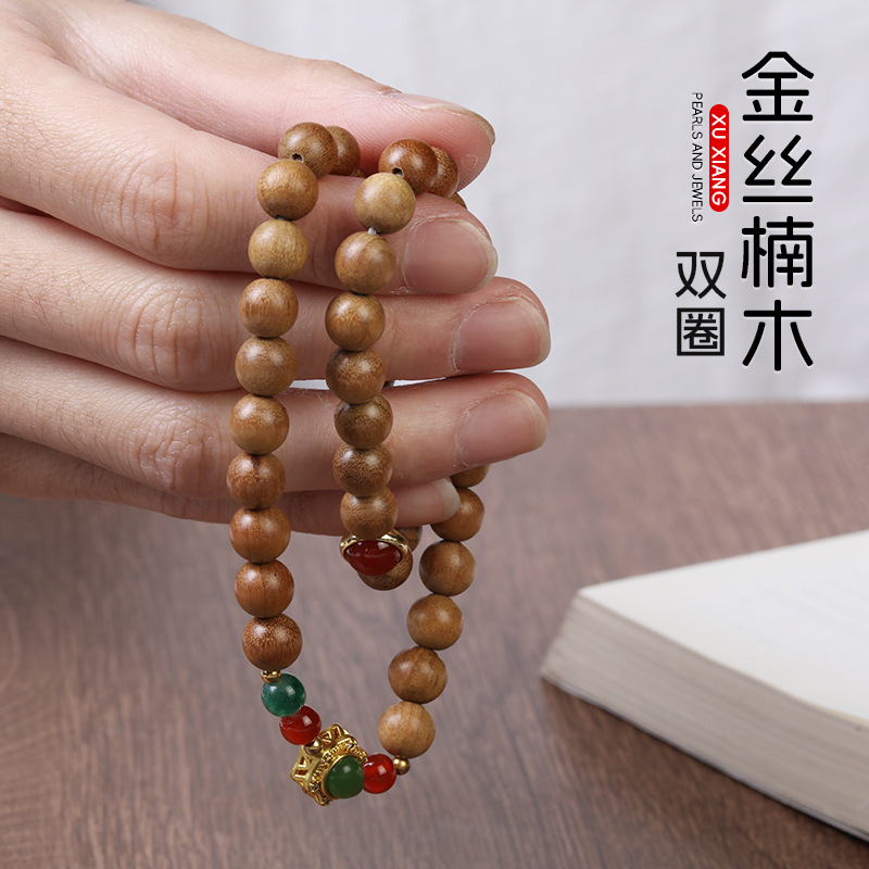 老山檀度母双圈盘玩手链男念珠文玩绿檀黄杨木莲花单圈手串女