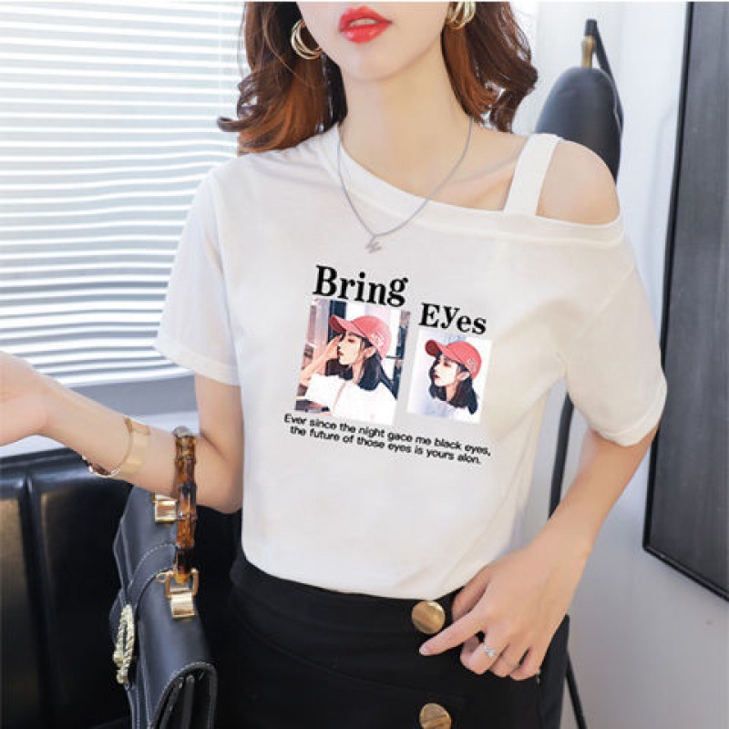 Off hombro mujer camiseta de manga corta de algodón mujer verano 2021 nuevo estilo holgado coreano mujer versátil estampado tendencia Specification image
