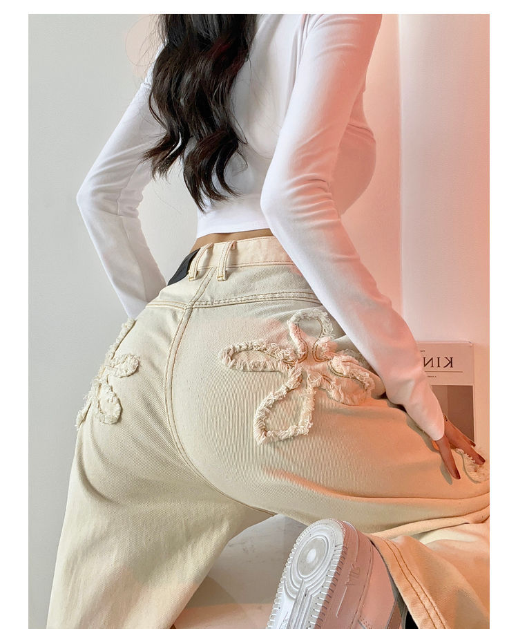 Beige floral wide-leg jeans, women's trendy high-waisted straight-leg pants, spring and autumn spicy girl pants, European and American style jeans