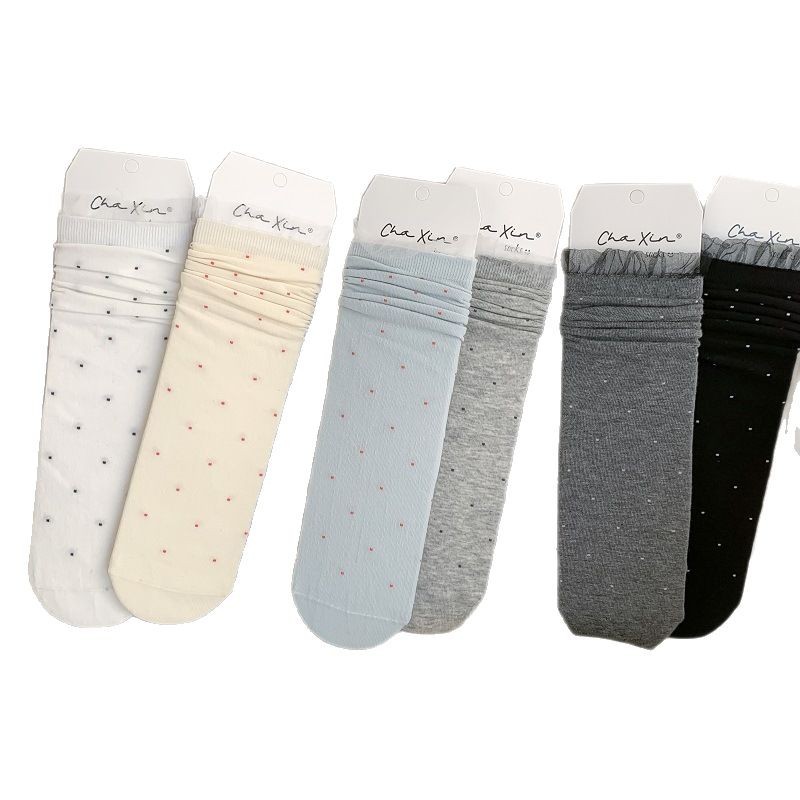 Sock stall, one-piece consignment, women's mid-calf socks, thin pile socks, polka dots, cute lace trim, grey, summer with small leather shoes, boneless socks, one-piece consignment Item Picture